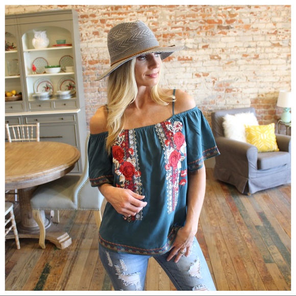 LAST✨Teal off shoulder embroidered top - Picture 2 of 4